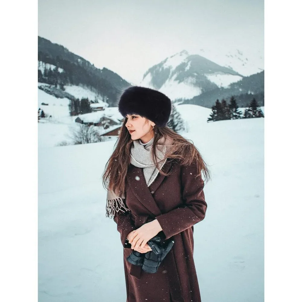 Women Navy Warm Winter Hat Faux Fur Russian Cossack Style